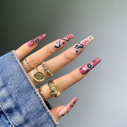 24p Black and White Flame Yin Yang Chessboard Pink Ballet Fake Nail Coffin Full Cover Artificial False Nails Press on Nail Art