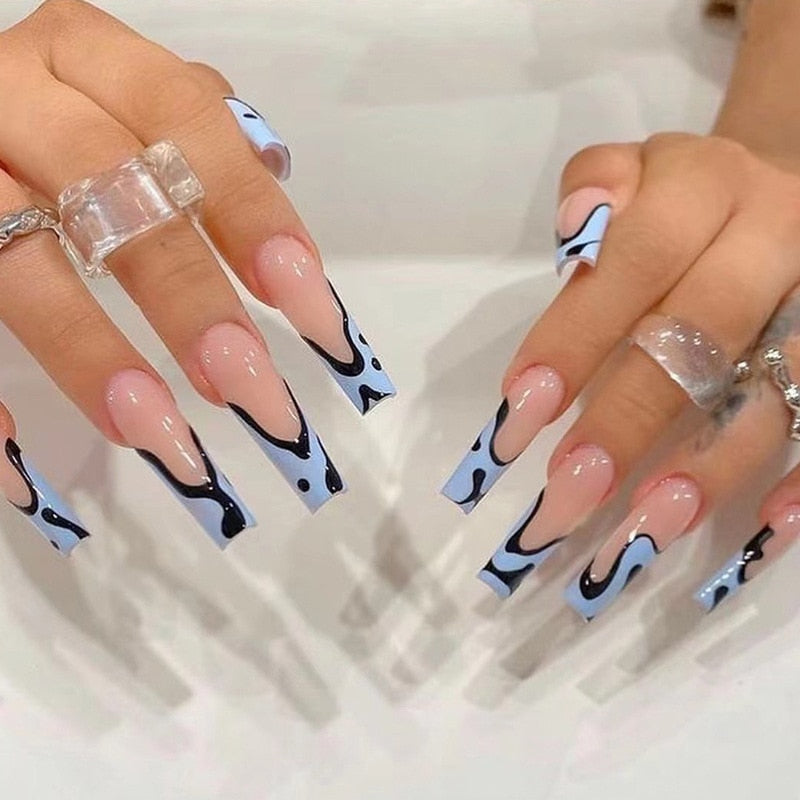 24p Black and White Flame Yin Yang Chessboard Pink Ballet Fake Nail Coffin Full Cover Artificial False Nails Press on Nail Art