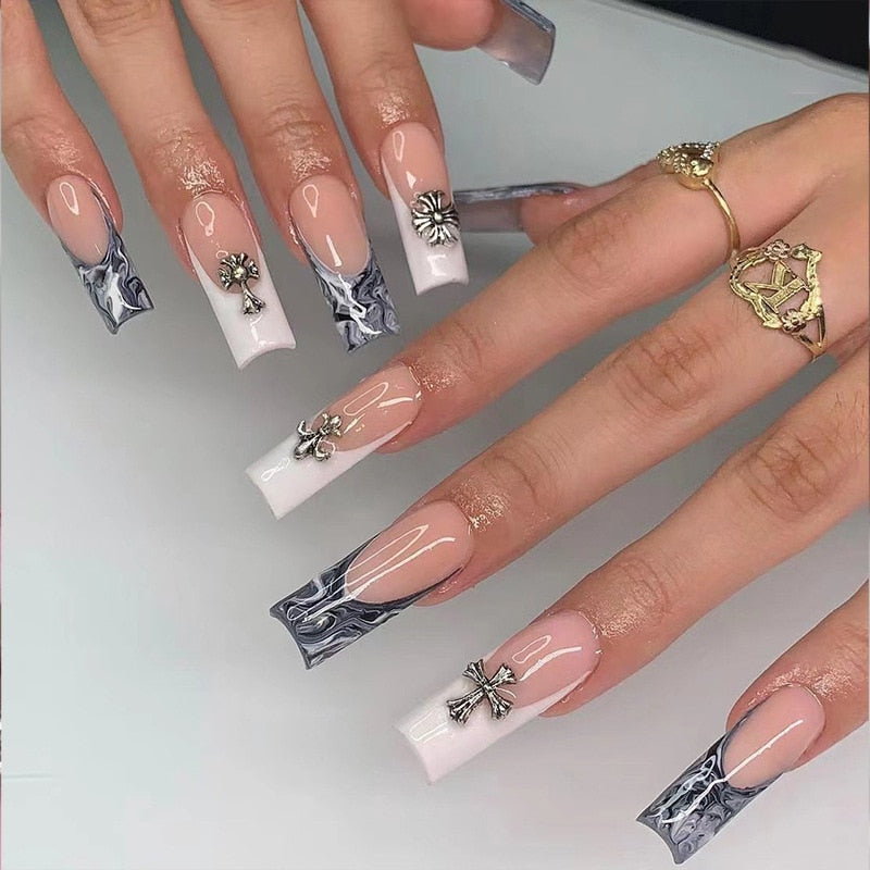 24p Black and White Flame Yin Yang Chessboard Pink Ballet Fake Nail Coffin Full Cover Artificial False Nails Press on Nail Art