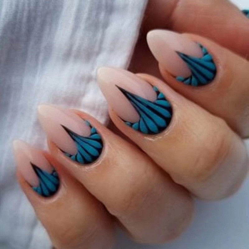 24pc detachable long Stiletto fake nails with Glitter designs french false nails with glue artificial press on nails almond long