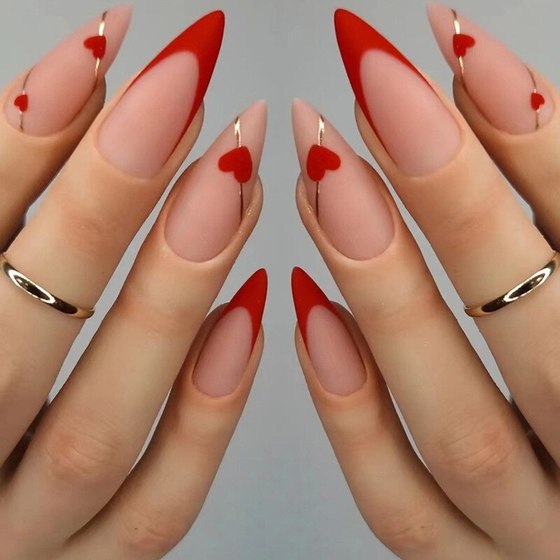 24pc detachable long Stiletto fake nails with Glitter designs french false nails with glue artificial press on nails almond long
