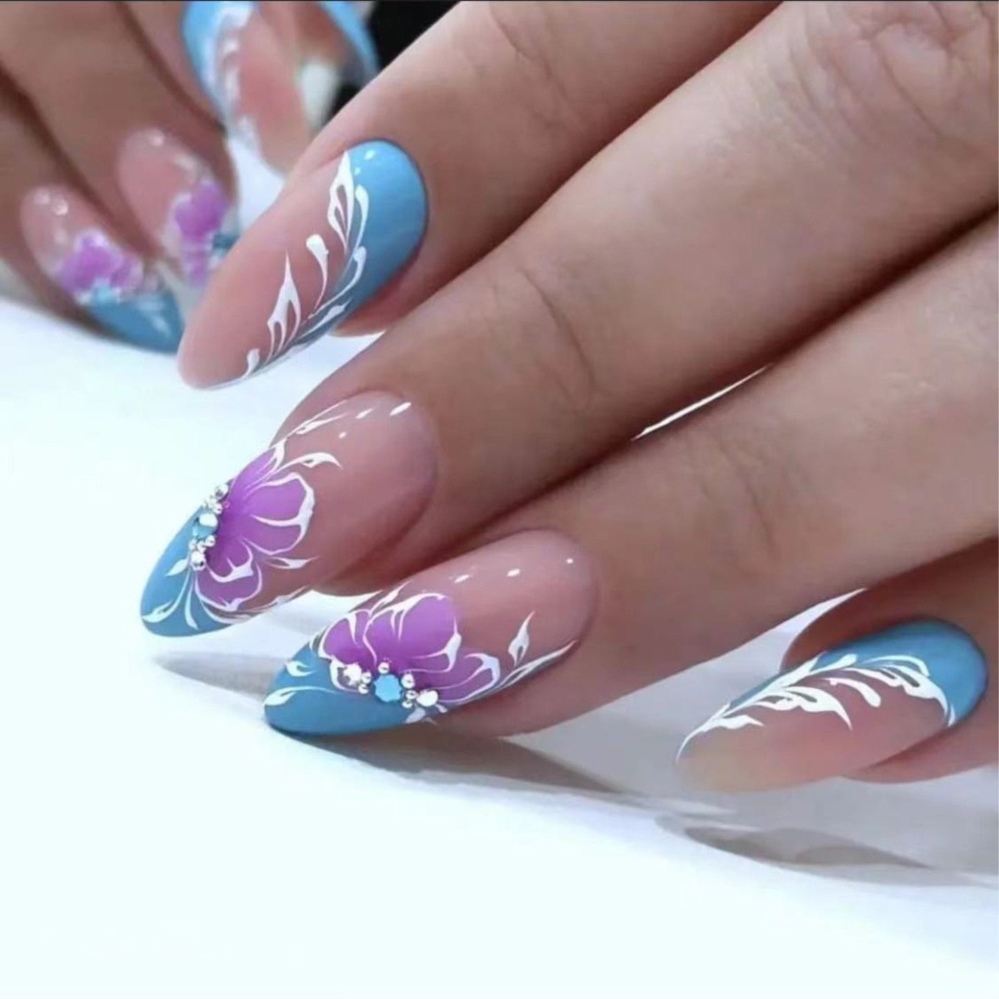 24pc detachable long Stiletto fake nails with Glitter designs french false nails with glue artificial press on nails almond long