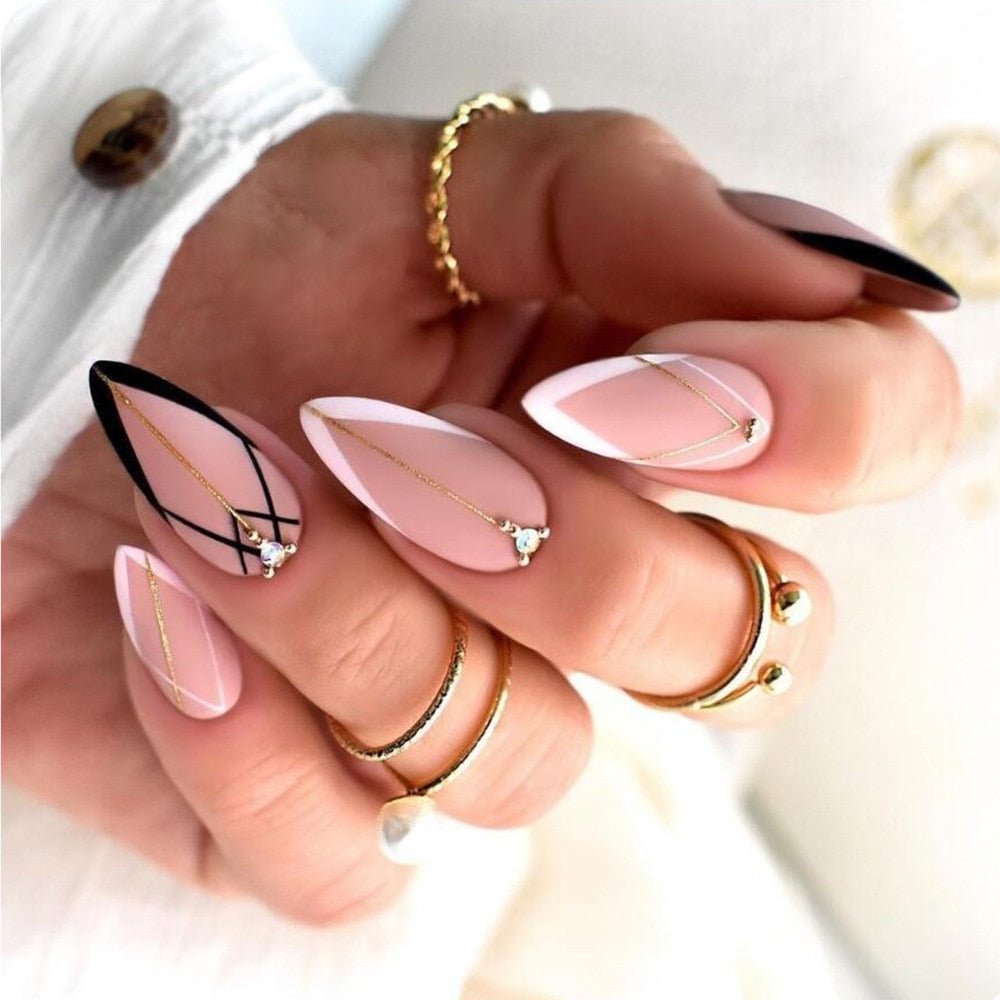 24pc detachable long Stiletto fake nails with Glitter designs french false nails with glue artificial press on nails almond long