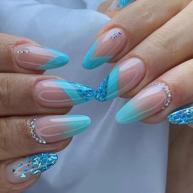 24pc detachable long Stiletto fake nails with Glitter designs french false nails with glue artificial press on nails almond long
