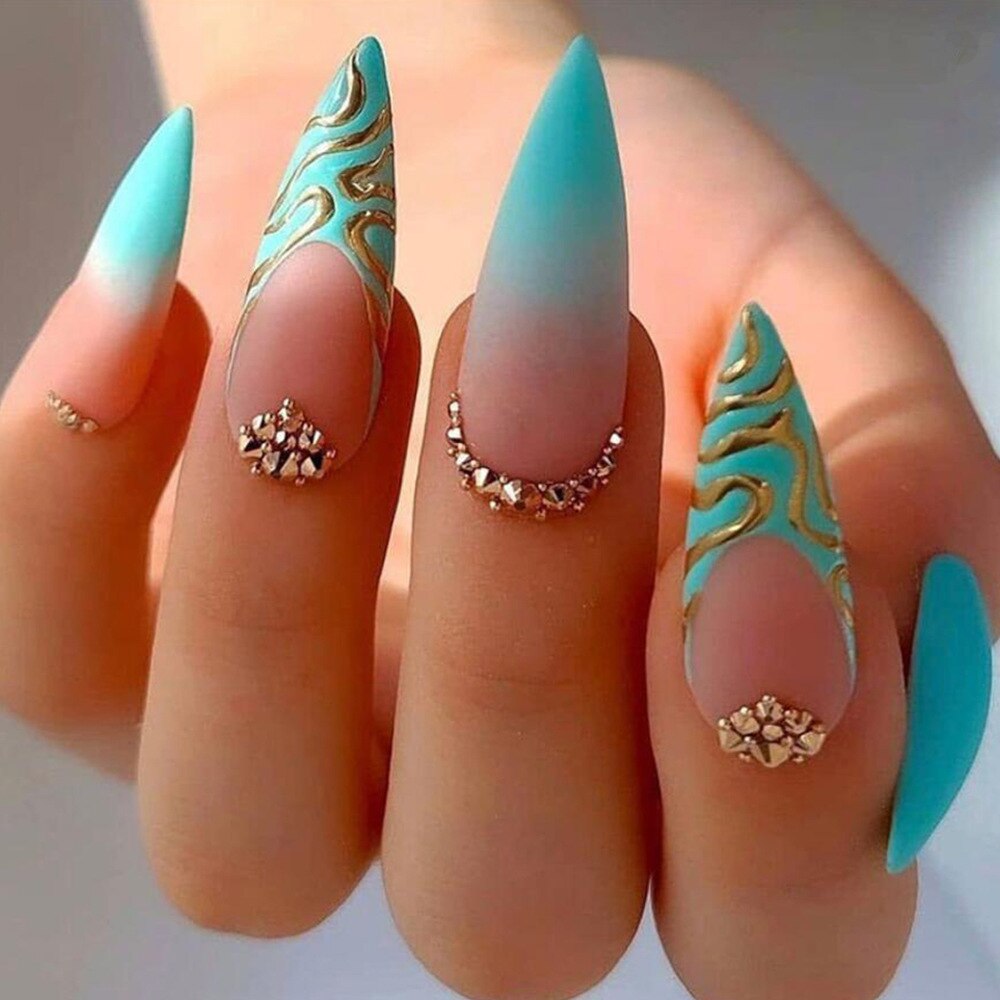 24pc detachable long Stiletto fake nails with Glitter designs french false nails with glue artificial press on nails almond long