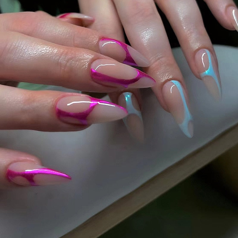 24pc detachable long Stiletto fake nails with Glitter designs french false nails with glue artificial press on nails almond long