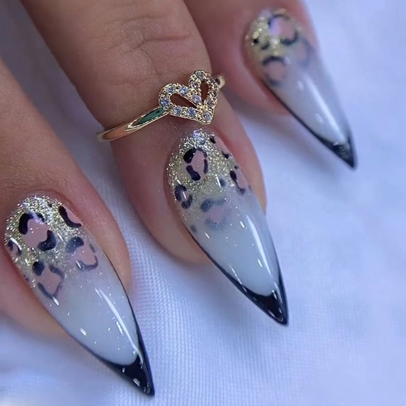 24pc detachable long Stiletto fake nails with Glitter designs french false nails with glue artificial press on nails almond long