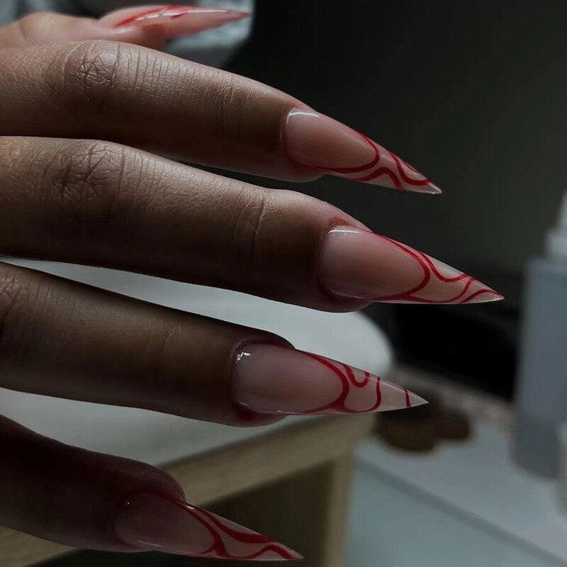 24pc detachable long Stiletto fake nails with Glitter designs french false nails with glue artificial press on nails almond long