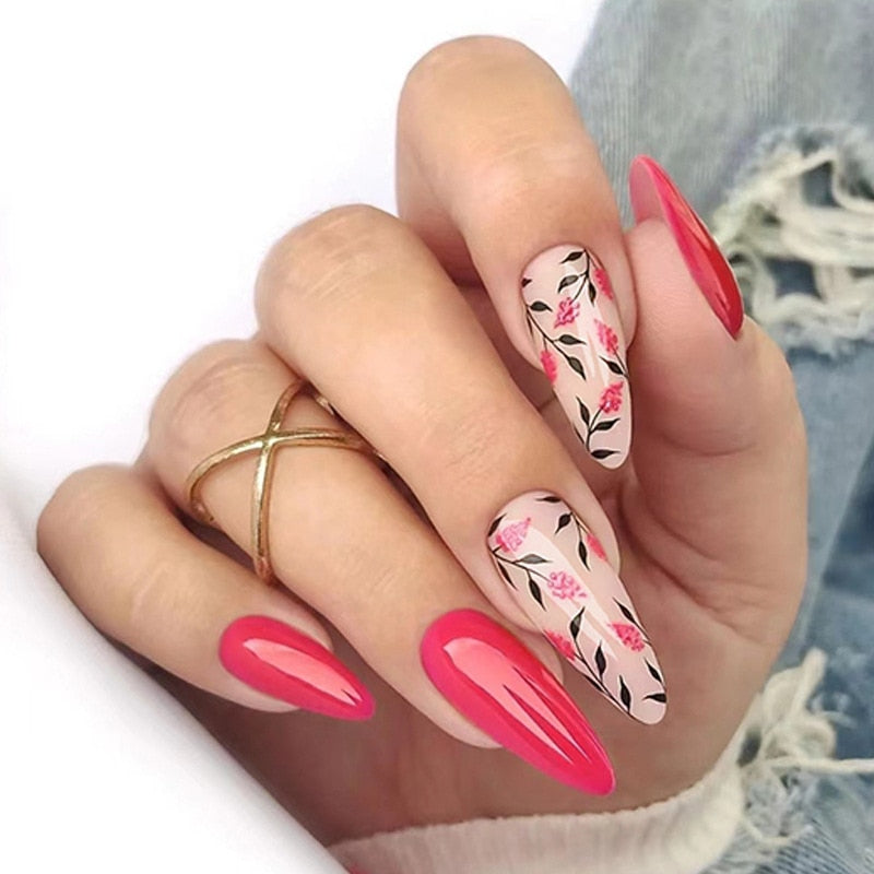 24pc detachable long Stiletto fake nails with Glitter designs french false nails with glue artificial press on nails almond long