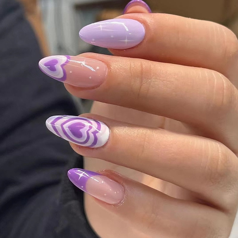 24pc detachable long Stiletto fake nails with Glitter designs french false nails with glue artificial press on nails almond long