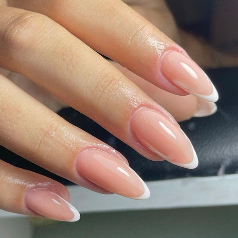 24pc detachable long Stiletto fake nails with Glitter designs french false nails with glue artificial press on nails almond long