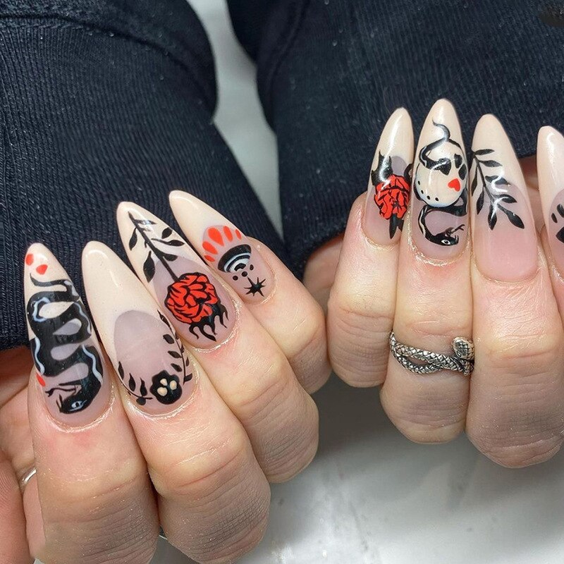 24pc detachable long Stiletto fake nails with Glitter designs french false nails with glue artificial press on nails almond long