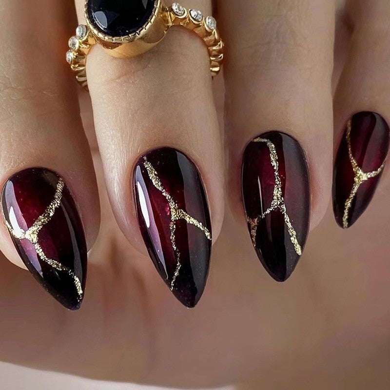 24pc detachable long Stiletto fake nails with Glitter designs french false nails with glue artificial press on nails almond long