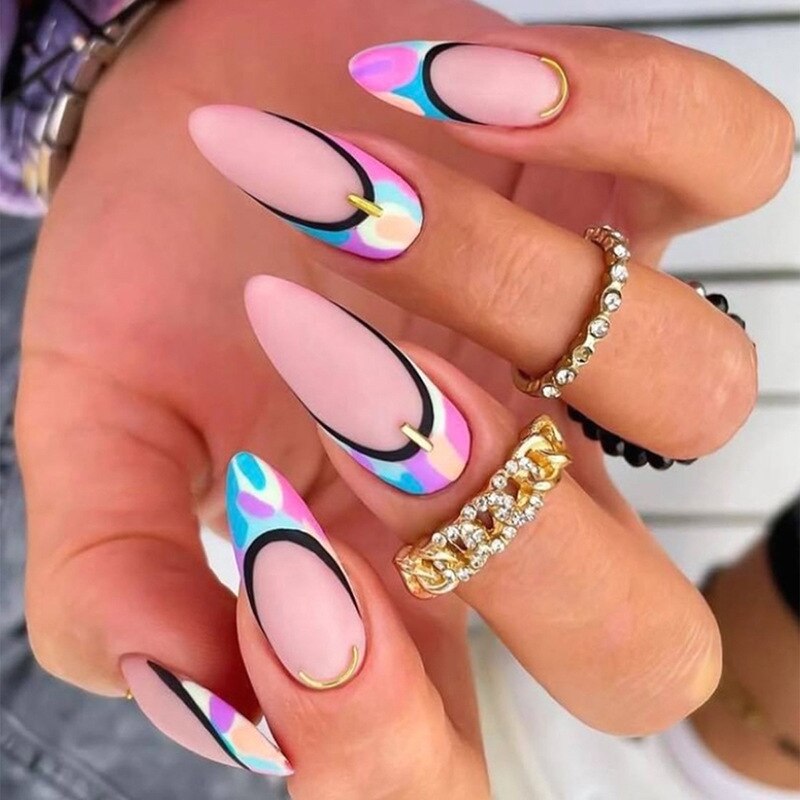 24pc detachable long Stiletto fake nails with Glitter designs french false nails with glue artificial press on nails almond long