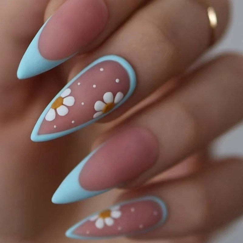24pc detachable long Stiletto fake nails with Glitter designs french false nails with glue artificial press on nails almond long