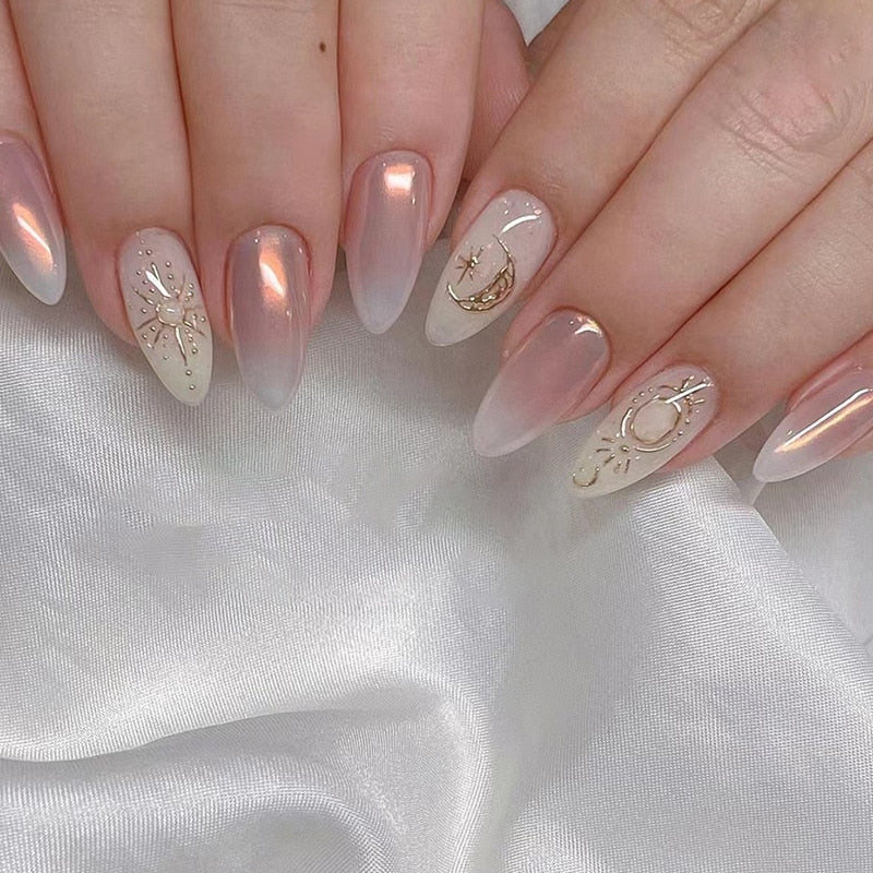 24pc detachable long Stiletto fake nails with Glitter designs french false nails with glue artificial press on nails almond long