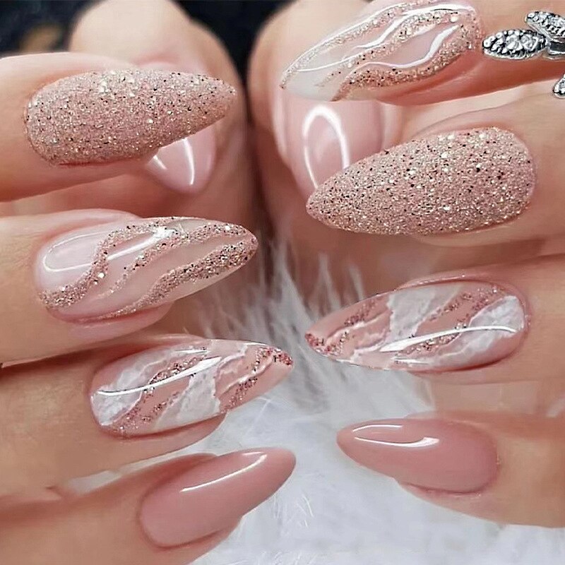 24pc detachable long Stiletto fake nails with Glitter designs french false nails with glue artificial press on nails almond long
