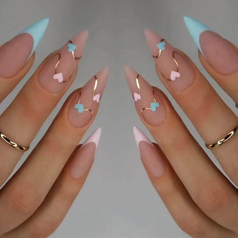 24pc detachable long Stiletto fake nails with Glitter designs french false nails with glue artificial press on nails almond long