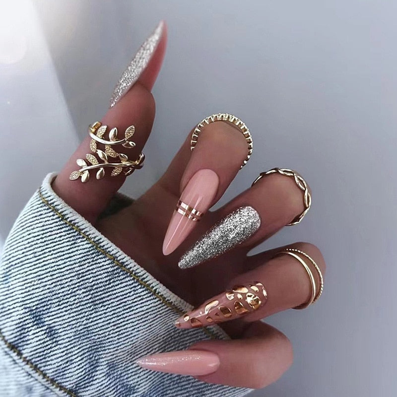 24pc detachable long Stiletto fake nails with Glitter designs french false nails with glue artificial press on nails almond long