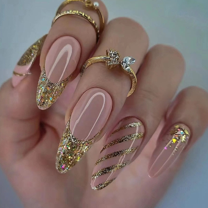 24pc detachable long Stiletto fake nails with Glitter designs french false nails with glue artificial press on nails almond long