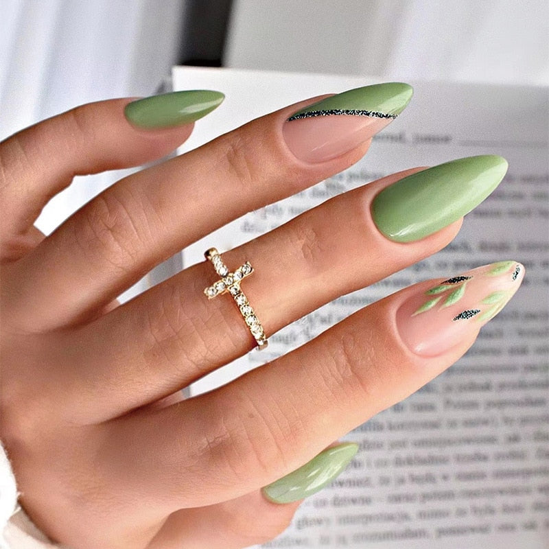 24pc detachable long Stiletto fake nails with Glitter designs french false nails with glue artificial press on nails almond long