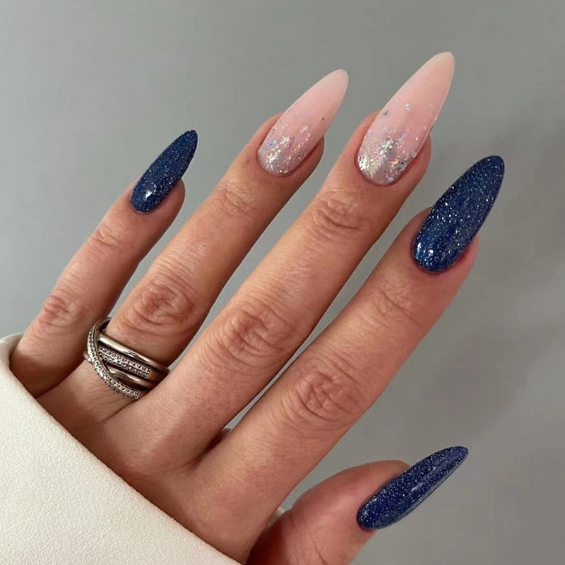 24pc detachable long Stiletto fake nails with Glitter designs french false nails with glue artificial press on nails almond long