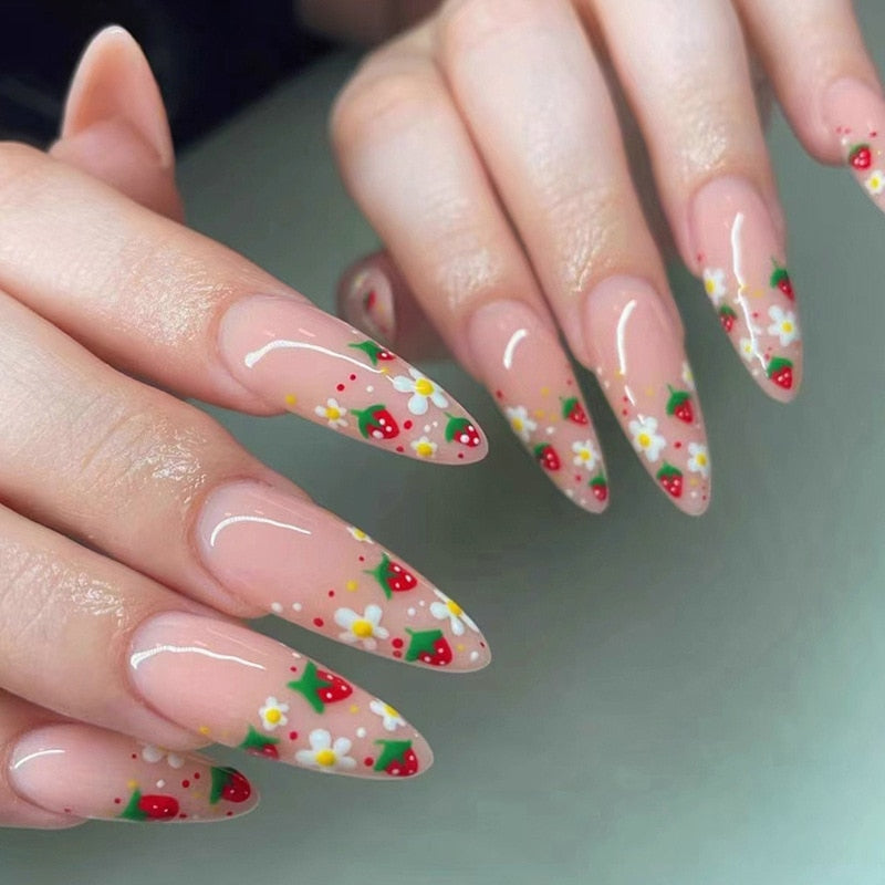 24pc detachable long Stiletto fake nails with Glitter designs french false nails with glue artificial press on nails almond long