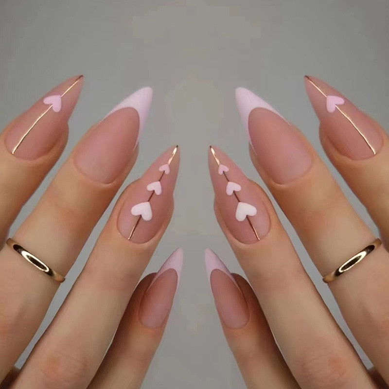 24pc detachable long Stiletto fake nails with Glitter designs french false nails with glue artificial press on nails almond long