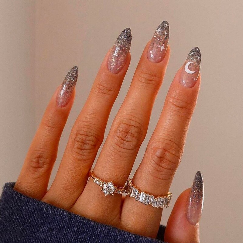 24pc detachable long Stiletto fake nails with Glitter designs french false nails with glue artificial press on nails almond long