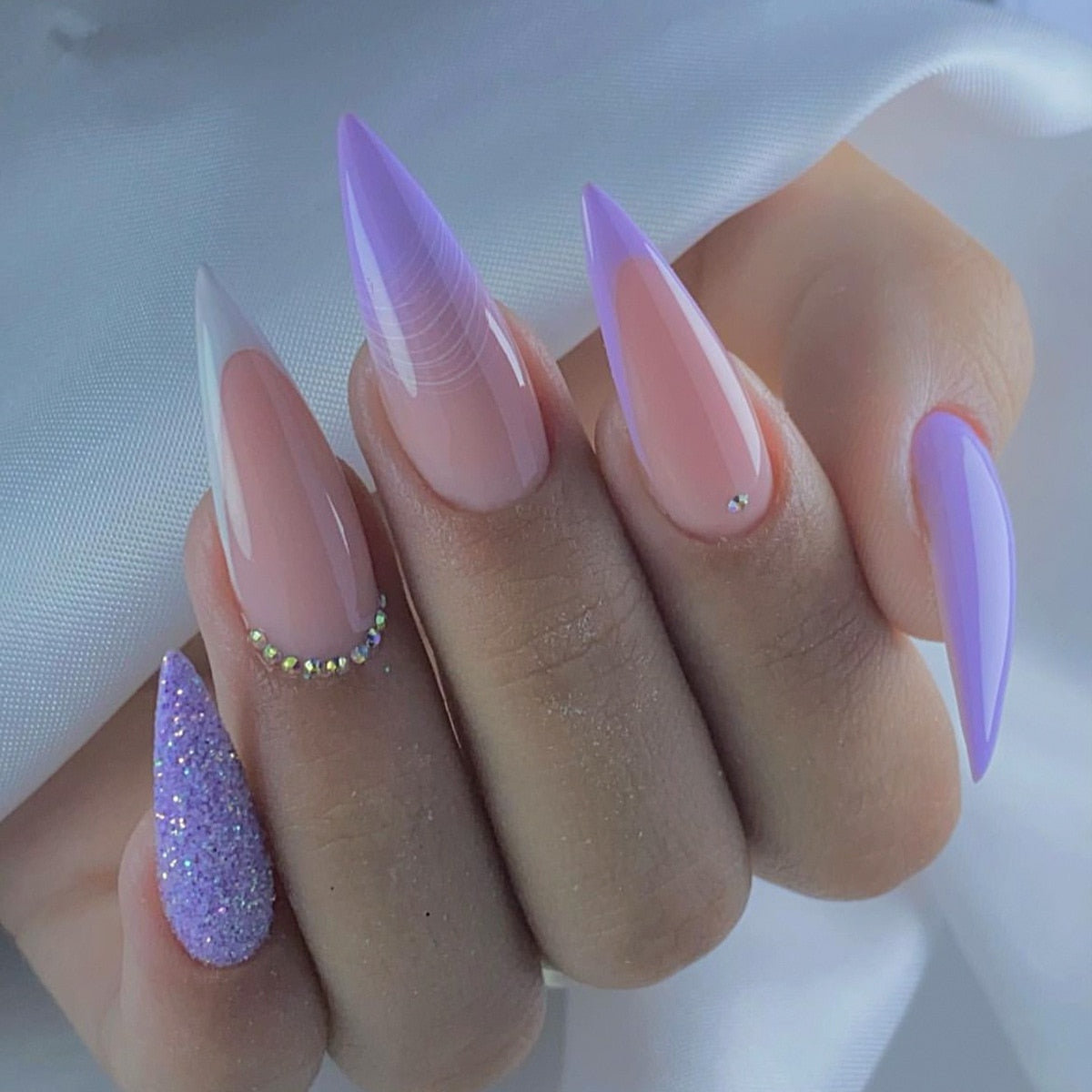 24pc detachable long Stiletto fake nails with Glitter designs french false nails with glue artificial press on nails almond long