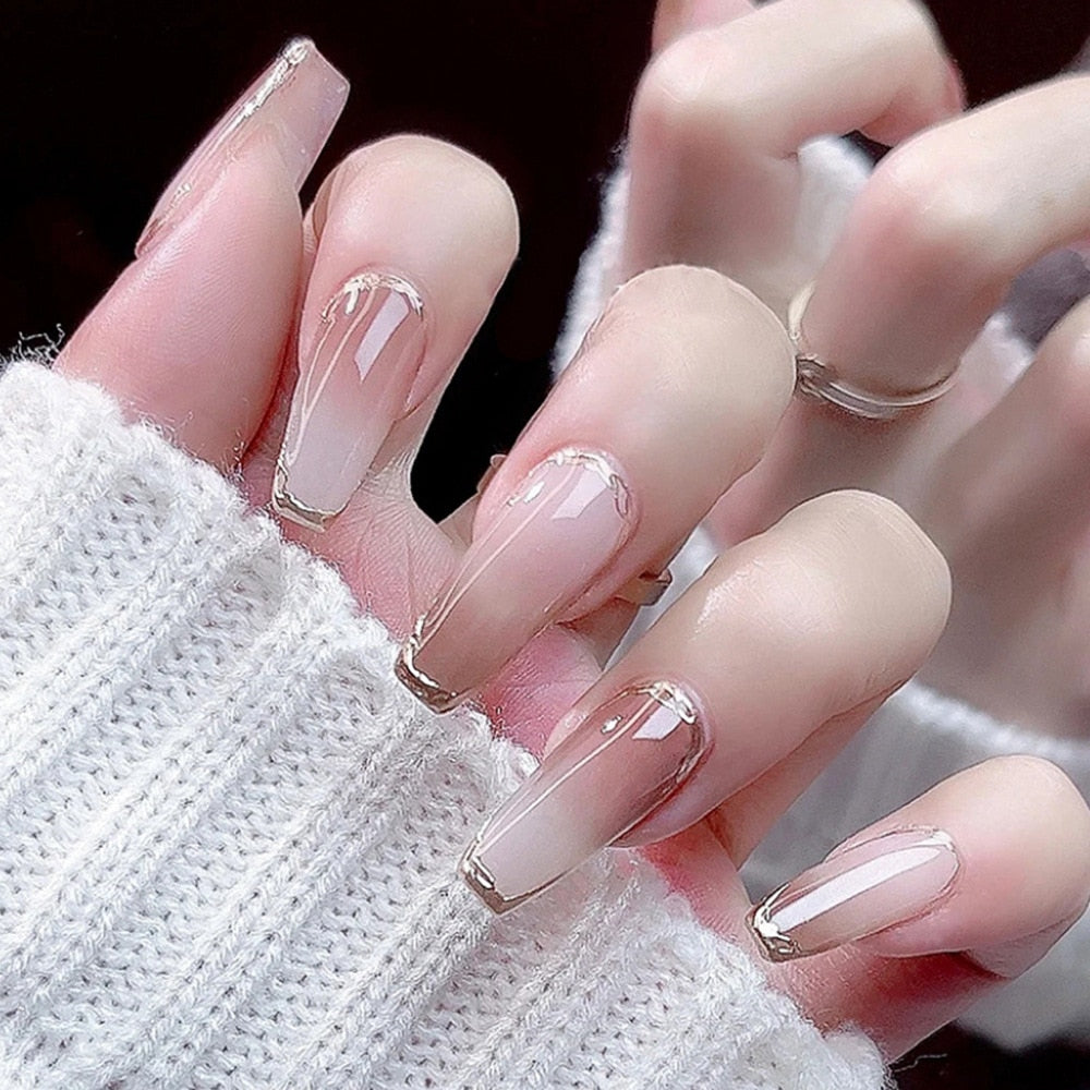 24pcs 2024 Ballet False Nail Full Cover Fake Nail Butterfly Love Nails Tip French Coffin Nails Press on Nails