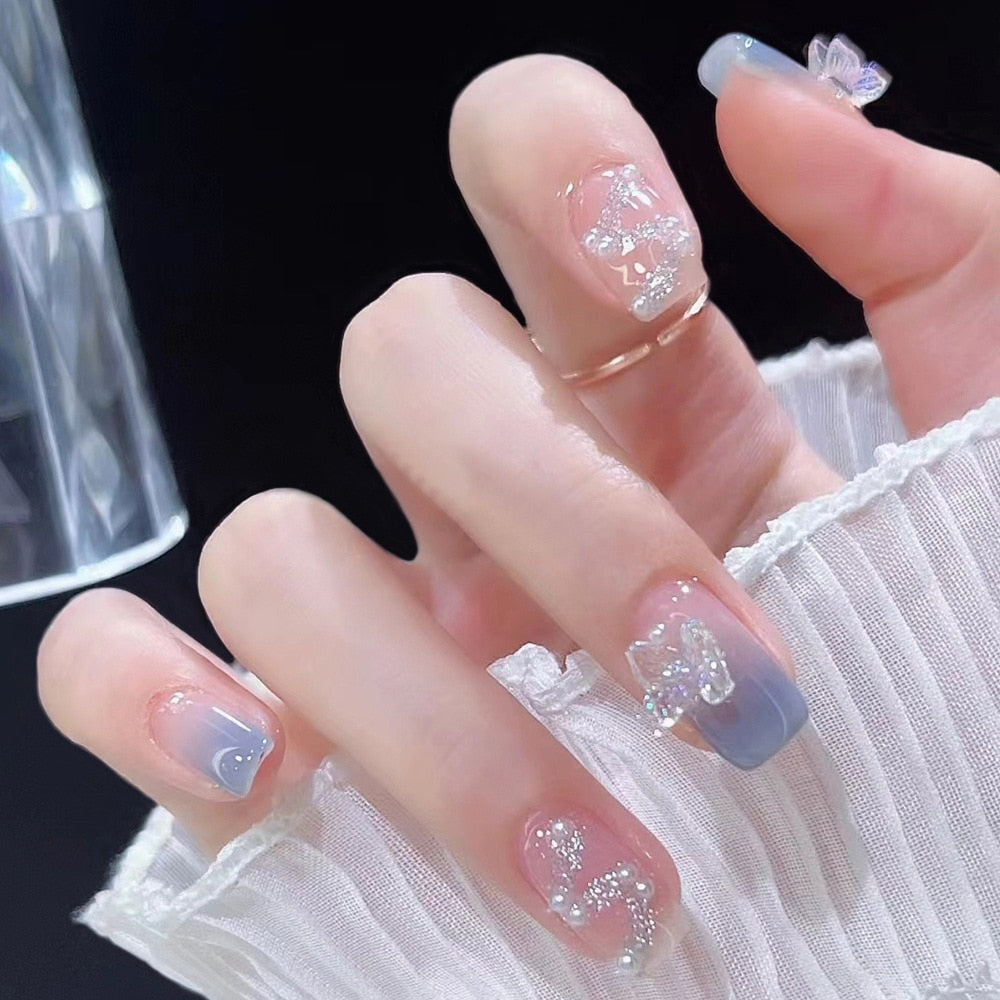 24pcs 2024 Ballet False Nail Full Cover Fake Nail Butterfly Love Nails Tip French Coffin Nails Press on Nails