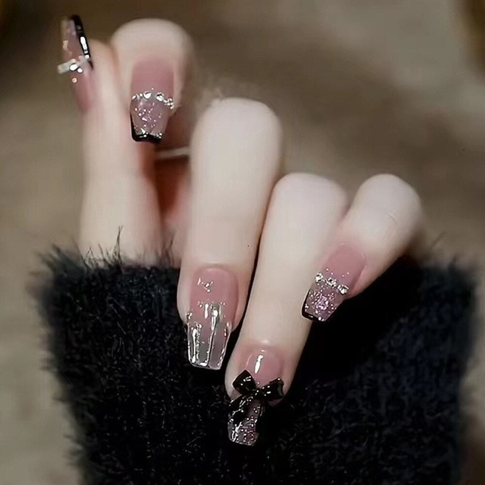 24pcs 2024 Ballet False Nail Full Cover Fake Nail Butterfly Love Nails Tip French Coffin Nails Press on Nails