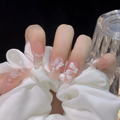 24pcs 2024 Ballet False Nail Full Cover Fake Nail Butterfly Love Nails Tip French Coffin Nails Press on Nails