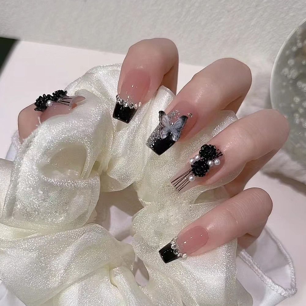 24pcs 2024 Ballet False Nail Full Cover Fake Nail Butterfly Love Nails Tip French Coffin Nails Press on Nails