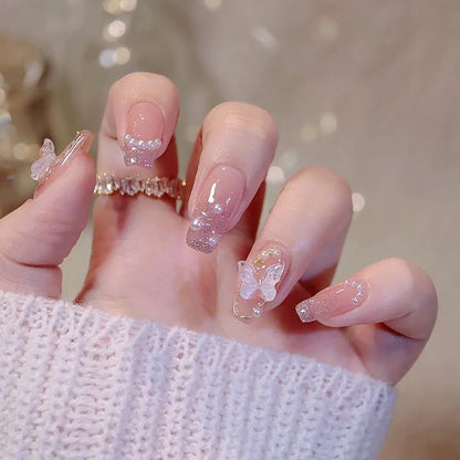 24pcs 2024 Ballet False Nail Full Cover Fake Nail Butterfly Love Nails Tip French Coffin Nails Press on Nails