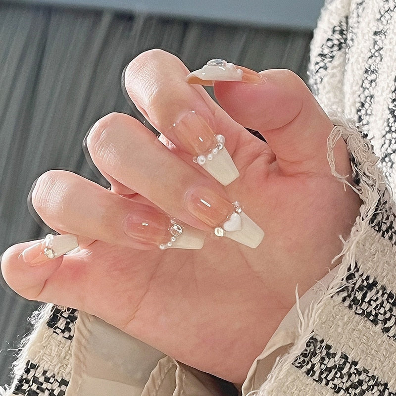 24pcs 2024 Ballet False Nail Full Cover Fake Nail Butterfly Love Nails Tip French Coffin Nails Press on Nails