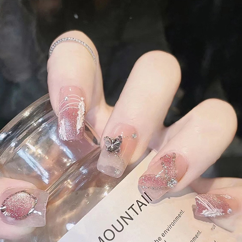 24pcs 2024 Ballet False Nail Full Cover Fake Nail Butterfly Love Nails Tip French Coffin Nails Press on Nails