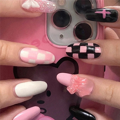 24pcs Checkerboard False Nails Wearable Fake Nails Long Coffin Full Cover Press On Square Head Manicure New French Manicuree