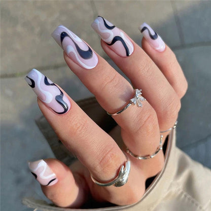 24pcs Checkerboard False Nails Wearable Fake Nails Long Coffin Full Cover Press On Square Head Manicure New French Manicuree