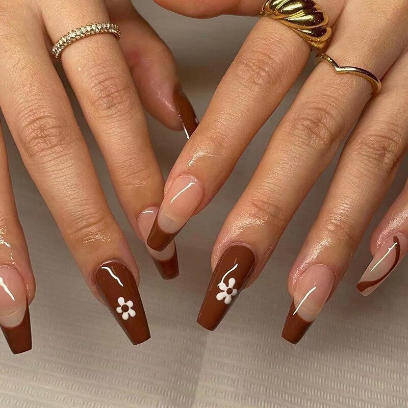 24pcs Checkerboard False Nails Wearable Fake Nails Long Coffin Full Cover Press On Square Head Manicure New French Manicuree