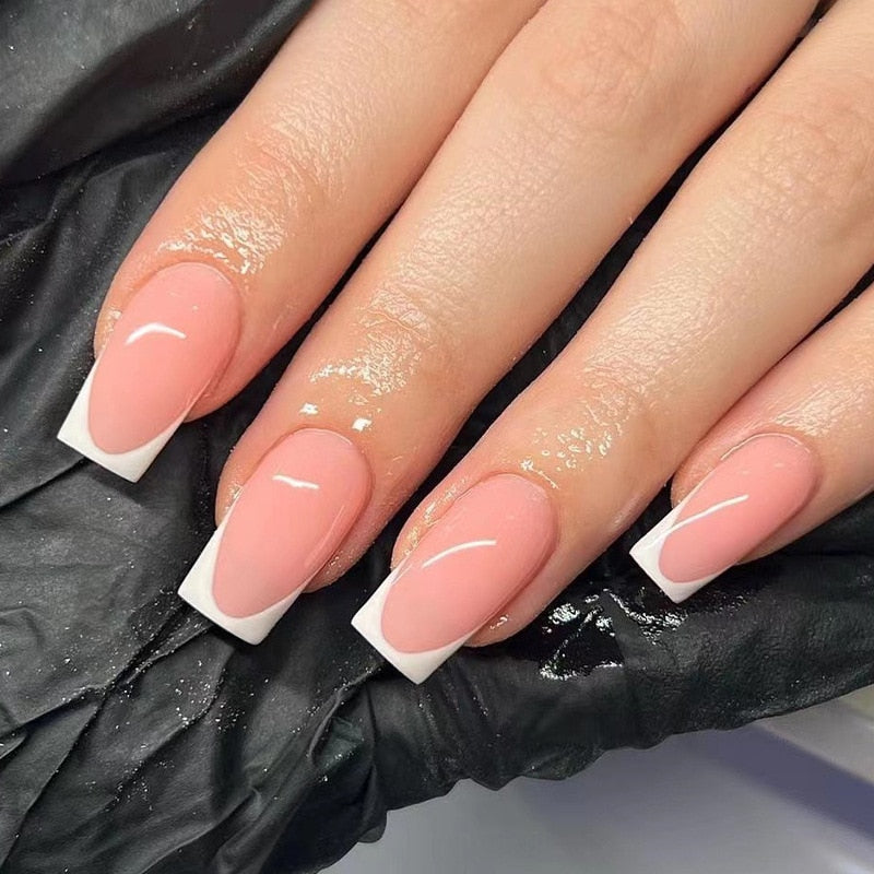 24pcs Checkerboard False Nails Wearable Fake Nails Long Coffin Full Cover Press On Square Head Manicure New French Manicuree