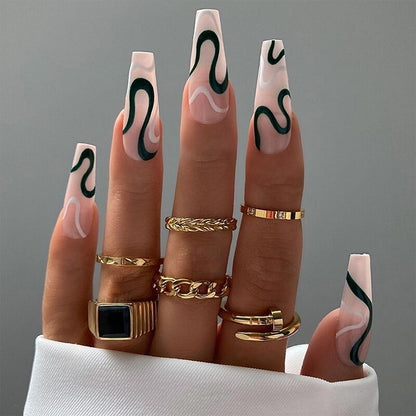 24pcs Checkerboard False Nails Wearable Fake Nails Long Coffin Full Cover Press On Square Head Manicure New French Manicuree