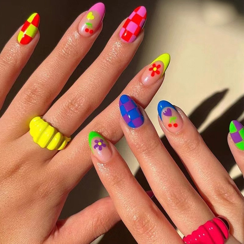 24pcs Checkerboard False Nails Wearable Fake Nails Long Coffin Full Cover Press On Square Head Manicure New French Manicuree