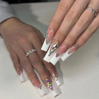 24pcs Checkerboard False Nails Wearable Fake Nails Long Coffin Full Cover Press On Square Head Manicure New French Manicuree