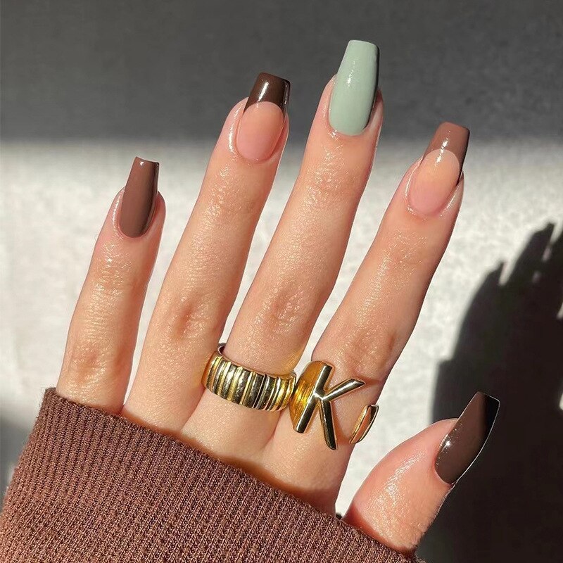 24pcs Coffin False Nails Glitter Rainbow Flowers Press on Nail Patch Short Manicure Nail Tips False Nail Acrylic Patch wholesale