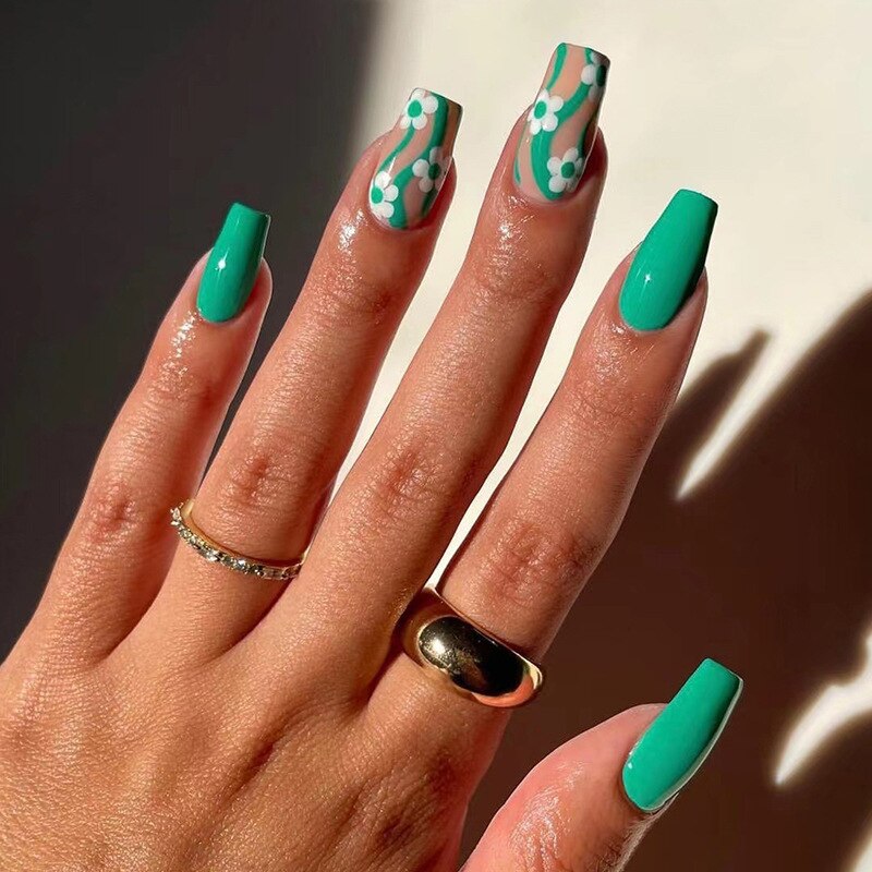 24pcs Coffin False Nails Glitter Rainbow Flowers Press on Nail Patch Short Manicure Nail Tips False Nail Acrylic Patch wholesale