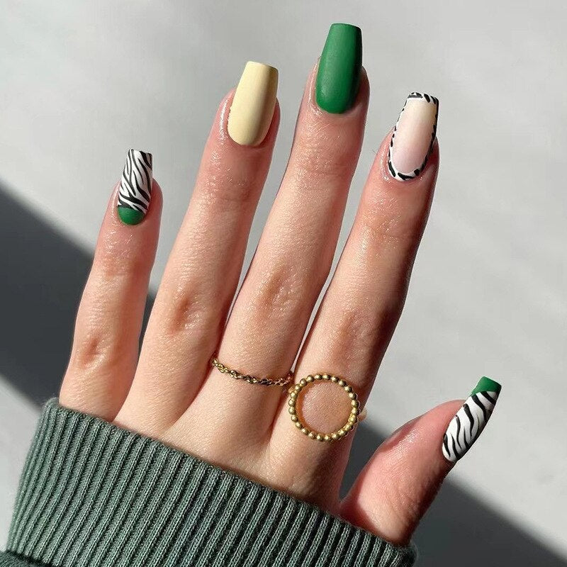 24pcs Coffin False Nails Glitter Rainbow Flowers Press on Nail Patch Short Manicure Nail Tips False Nail Acrylic Patch wholesale