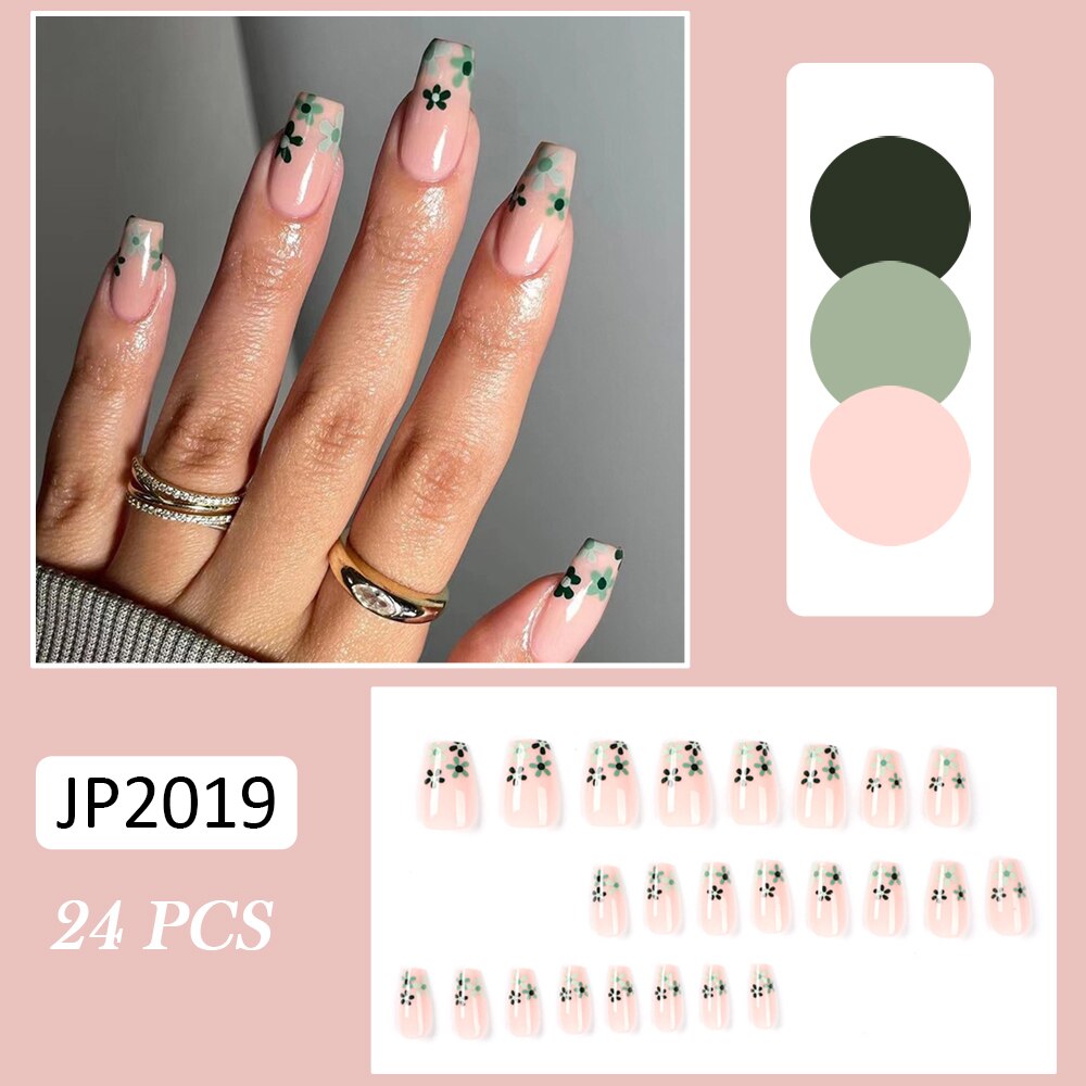 24pcs Coffin False Nails Glitter Rainbow Flowers Press on Nail Patch Short Manicure Nail Tips False Nail Acrylic Patch wholesale