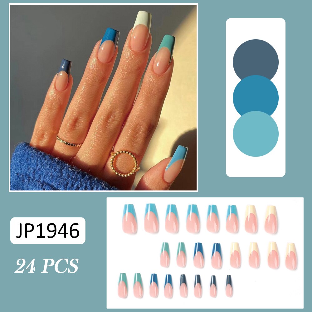 24pcs Coffin False Nails Glitter Rainbow Flowers Press on Nail Patch Short Manicure Nail Tips False Nail Acrylic Patch wholesale